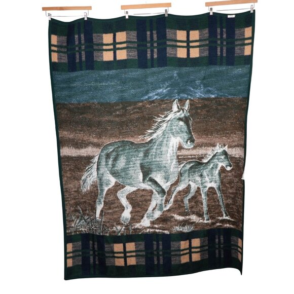 Biederlack Horse Foal Throw Blanket VTG Plaid Border Green Blue Running USA - Picture 6 of 8